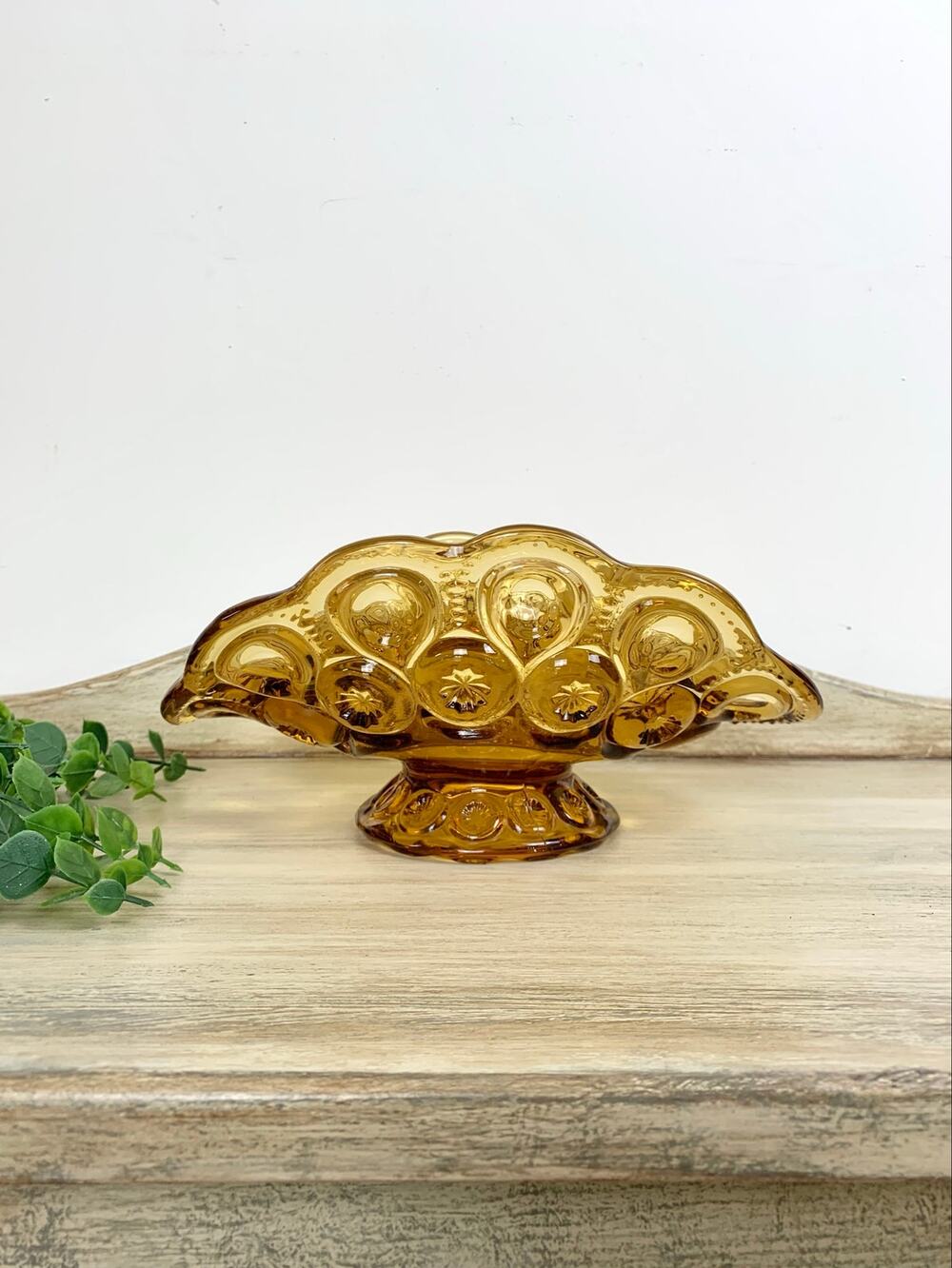 Vintage LE Smith Moon and Stars Amber Glass Banana Boat Bowl Mid Century Cottage
